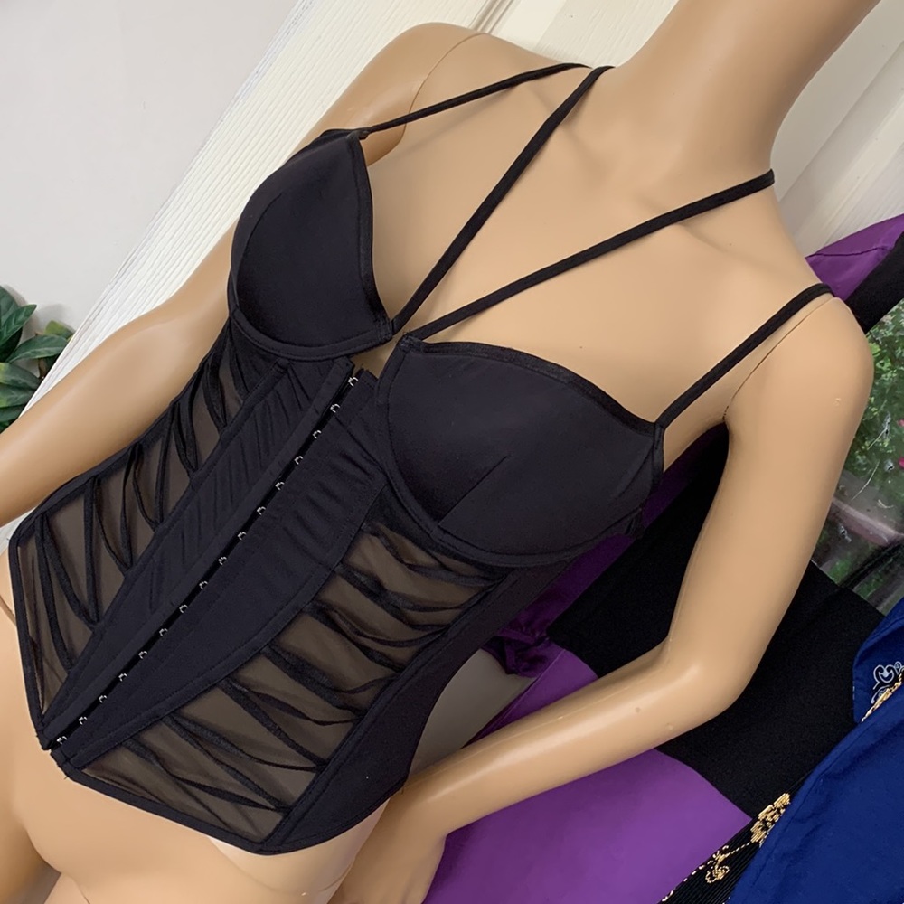 Vintage 90's black push up underwire lace up boned corset bustier top L
